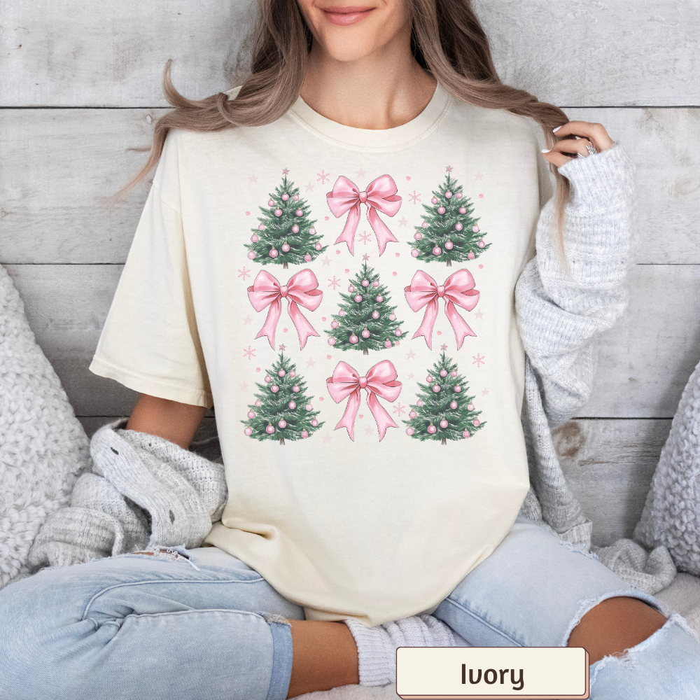 Coquette Christmas Tree Shirt Comfort Colors, Pink Bow Xmas Tee, Retro Christmas Women's Top