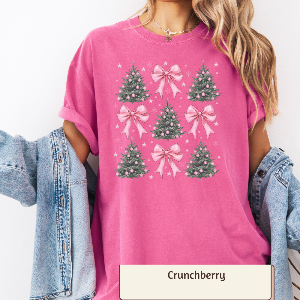 Coquette Christmas Tree Shirt Comfort Colors, Pink Bow Xmas Tee, Retro Christmas Women's Top