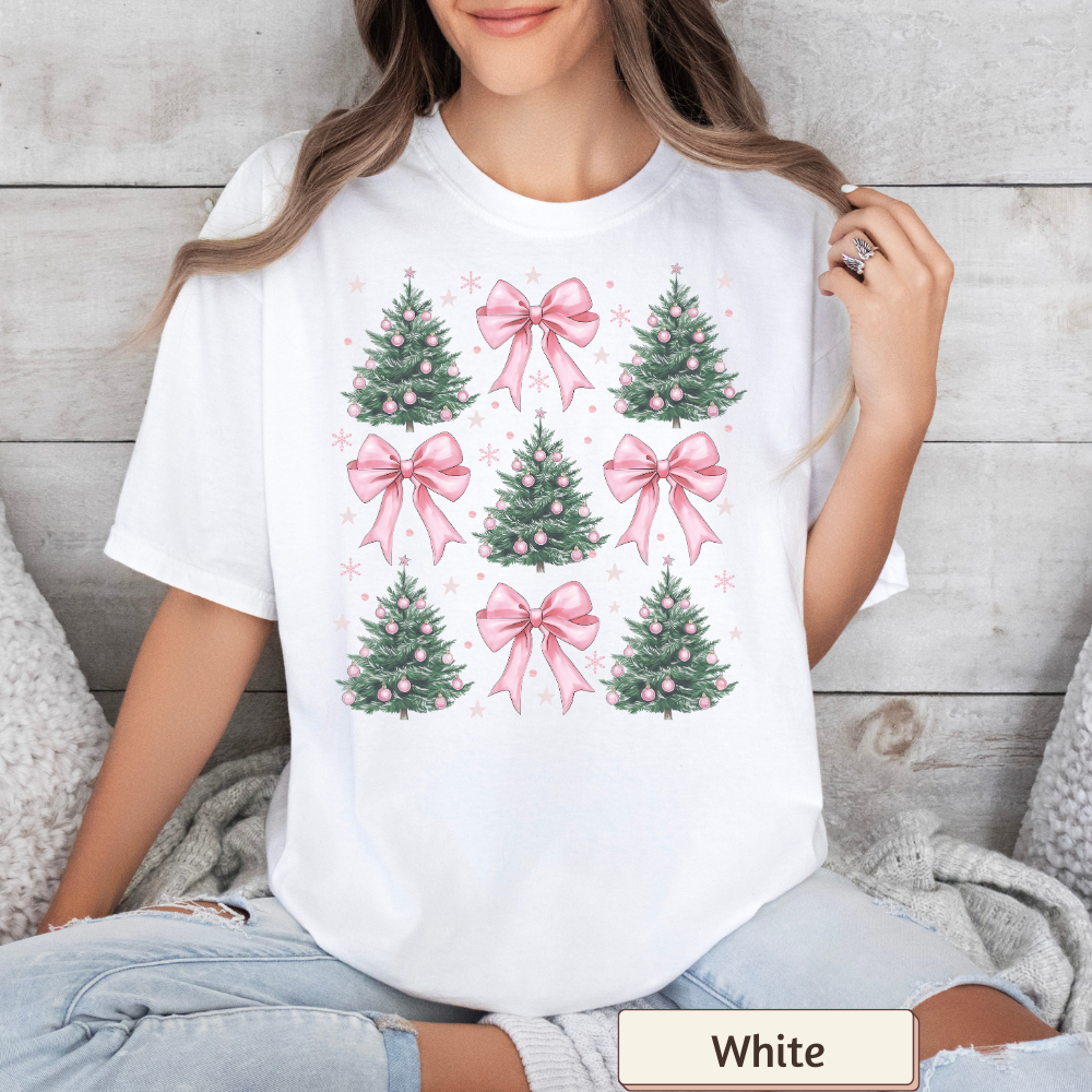 Coquette Christmas Tree Shirt Comfort Colors, Pink Bow Xmas Tee, Retro Christmas Women's Top