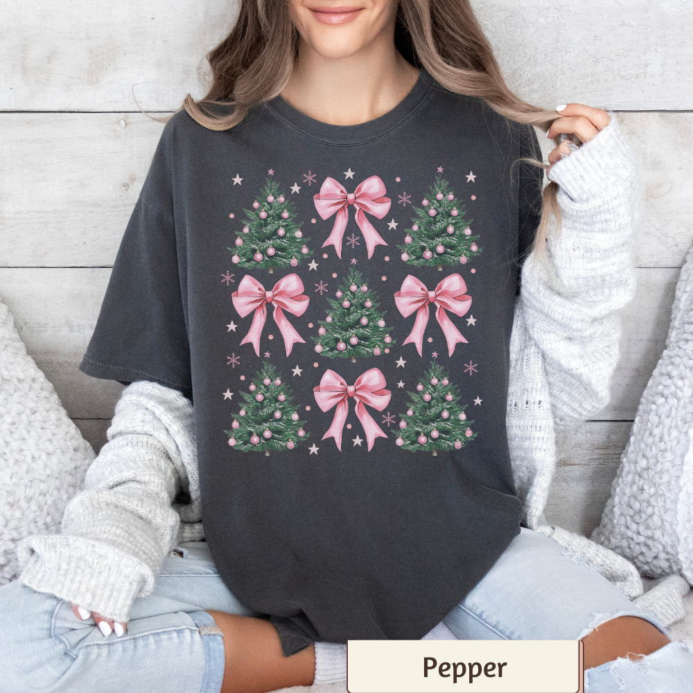 Coquette Christmas Tree Shirt Comfort Colors, Pink Bow Xmas Tee, Retro Christmas Women's Top