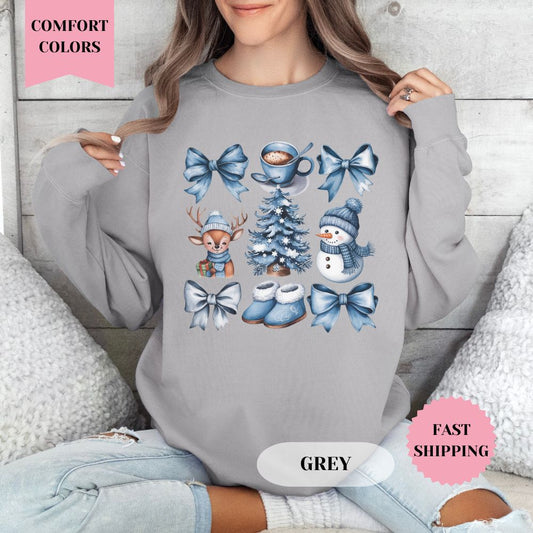 Winter Blue Bow Christmas Comfort Colors Sweatshirt, Christmas Sweater, Womenswear