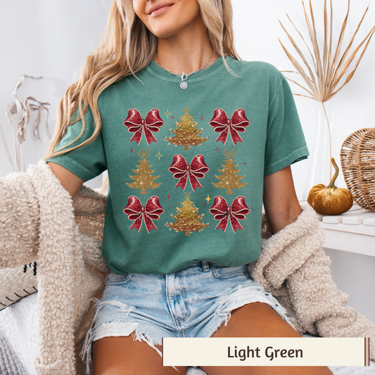 Red Bows and Gold Trees Women's Comfort Colors T-Shirt Christmas Graphic Tee Holiday Gift