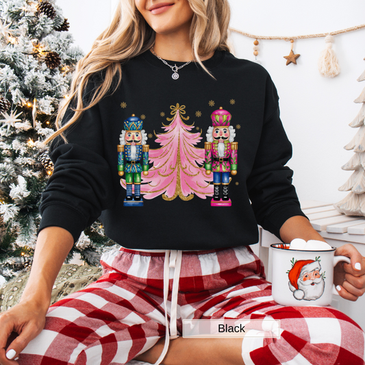 Pink and Gold Christmas Tree Nutcrackers Womens Sweatshirt Festive Holiday Pullover