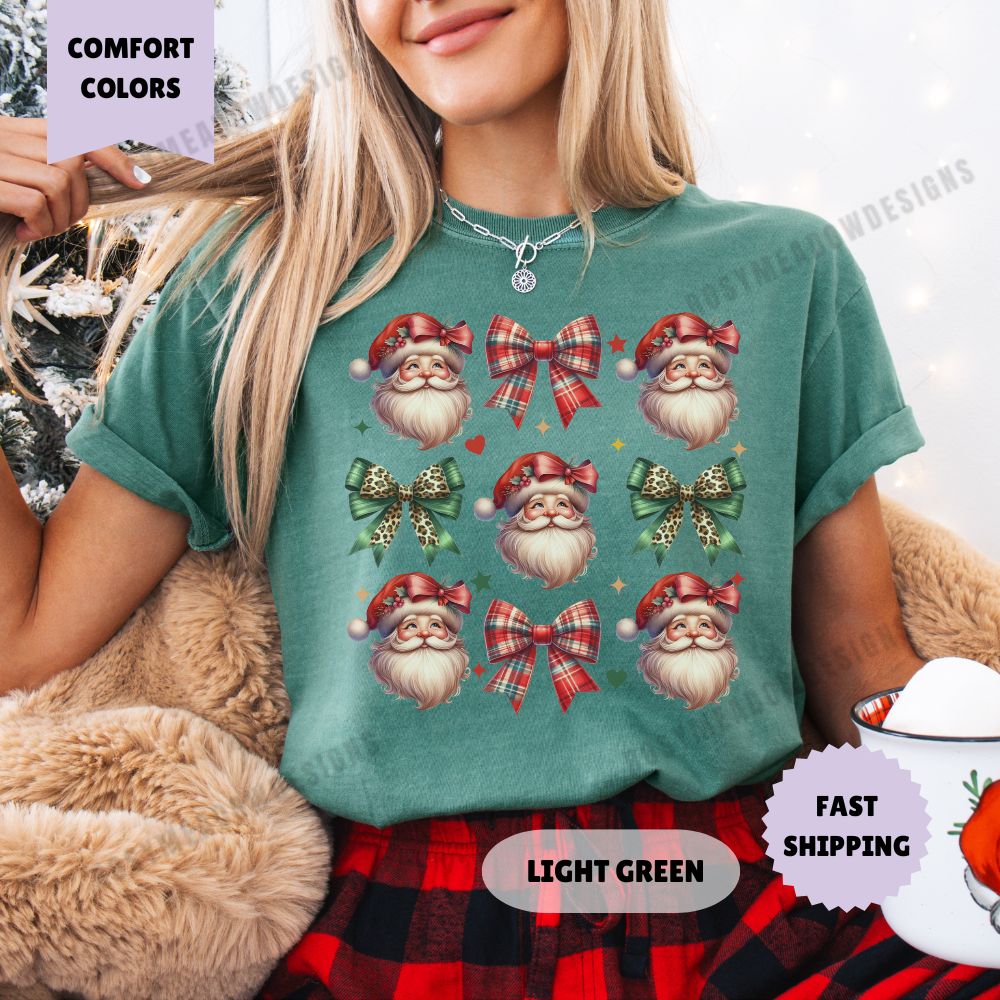 Santa and Bows Comfort Colors T-Shirt Coquette Christmas Womenswear Holiday