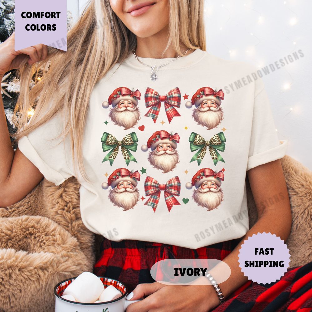 Santa and Bows Comfort Colors T-Shirt Coquette Christmas Womenswear Holiday