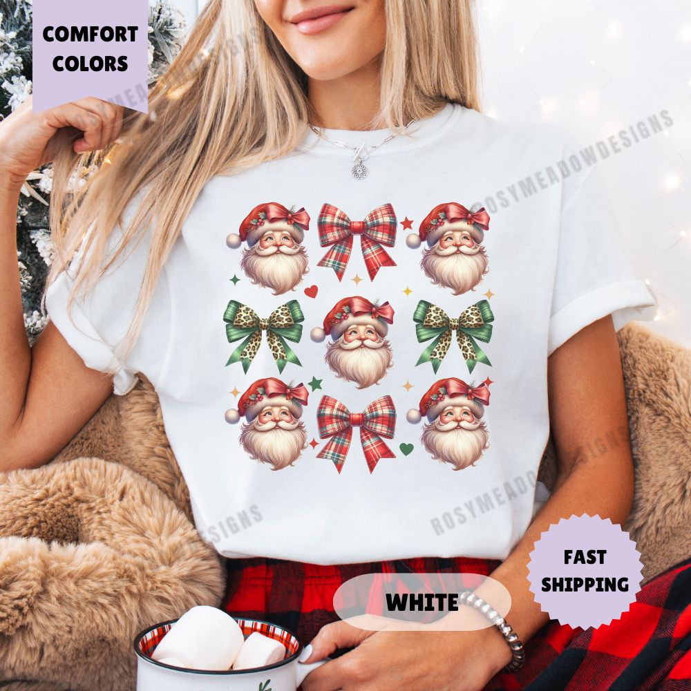 Santa and Bows Comfort Colors T-Shirt Coquette Christmas Womenswear Holiday