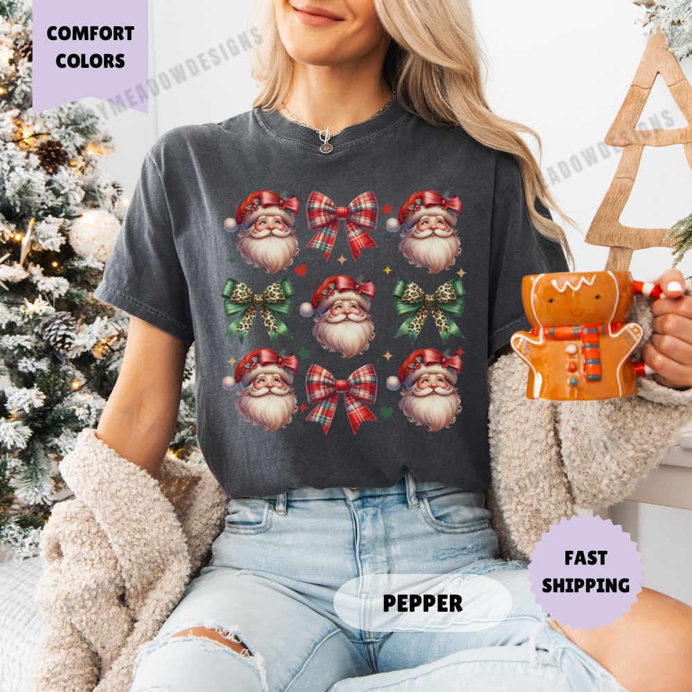 Santa and Bows Comfort Colors T-Shirt Coquette Christmas Womenswear Holiday