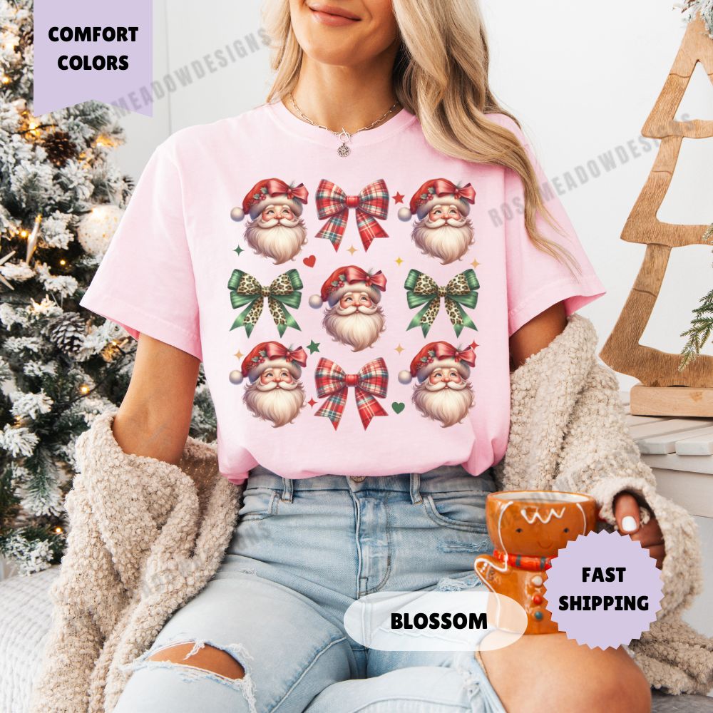 Santa and Bows Comfort Colors T-Shirt Coquette Christmas Womenswear Holiday