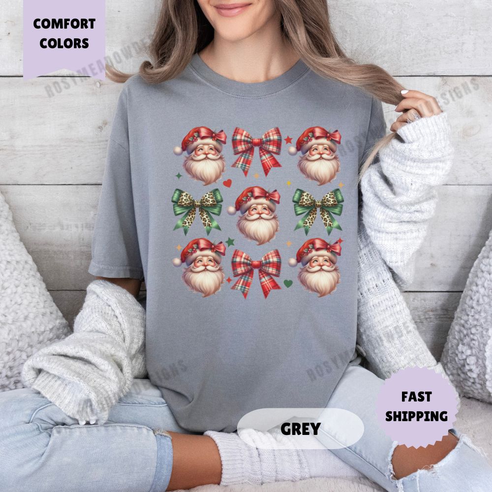 Santa and Bows Comfort Colors T-Shirt Coquette Christmas Womenswear Holiday