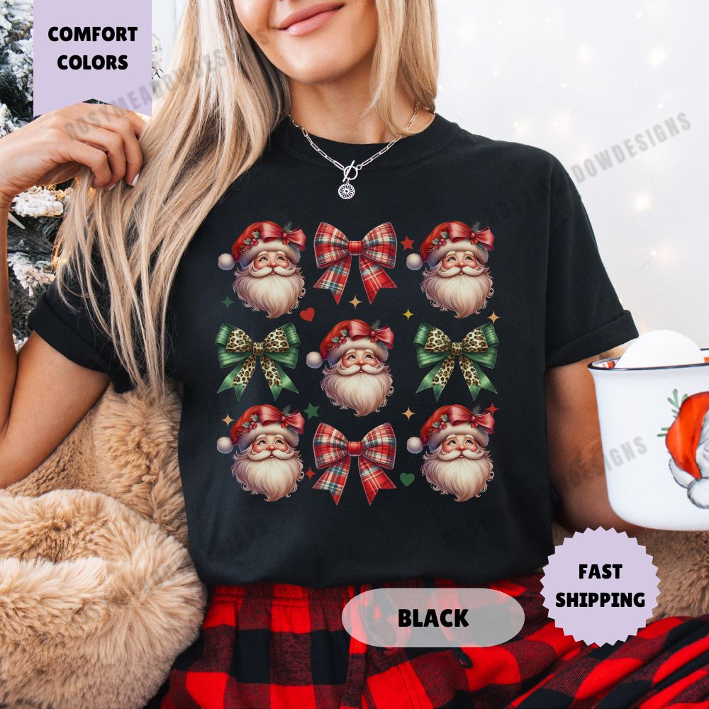 Santa and Bows Comfort Colors T-Shirt Coquette Christmas Womenswear Holiday