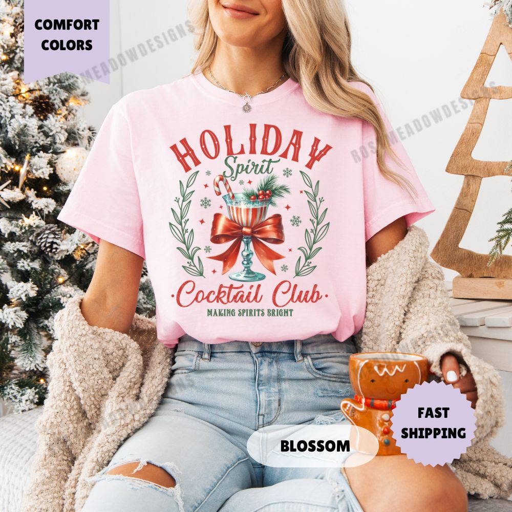 Holiday Spirit Club Comfort Colors T-Shirt Coquette Christmas Womenswear Crewneck