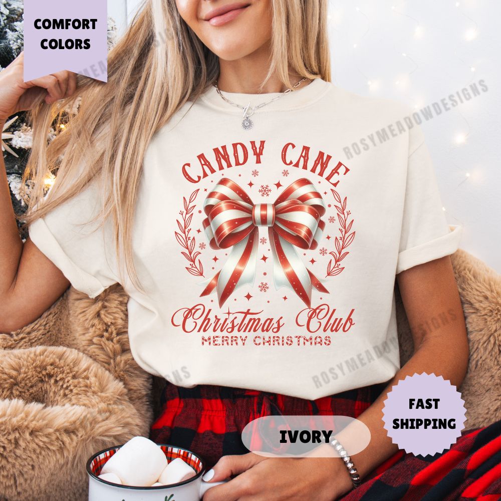 Candy Cane Christmas Club Comfort Colors T-Shirt Coquette Christmas Womenswear Holiday Crewneck