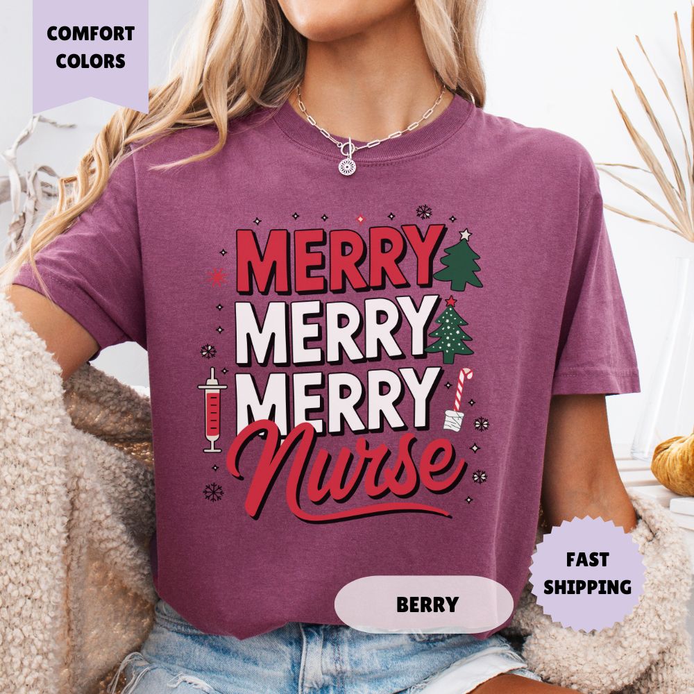 Merry Merry Nurse Christmas T-Shirt Women's Holiday Apparel Comfort Colors