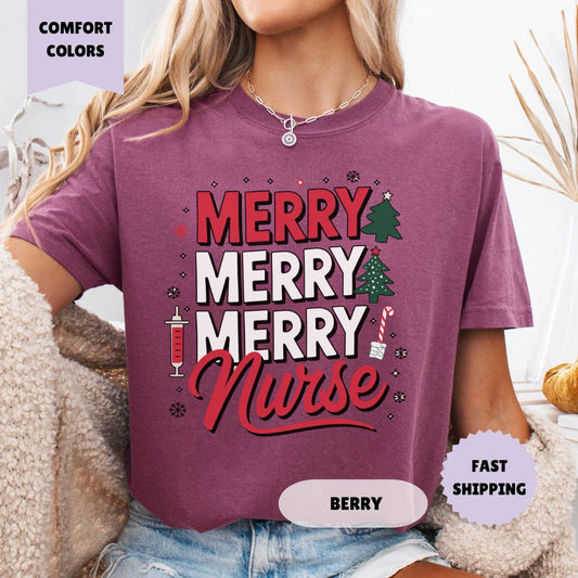 Merry Merry Nurse Christmas T-Shirt Women's Holiday Apparel Comfort Colors