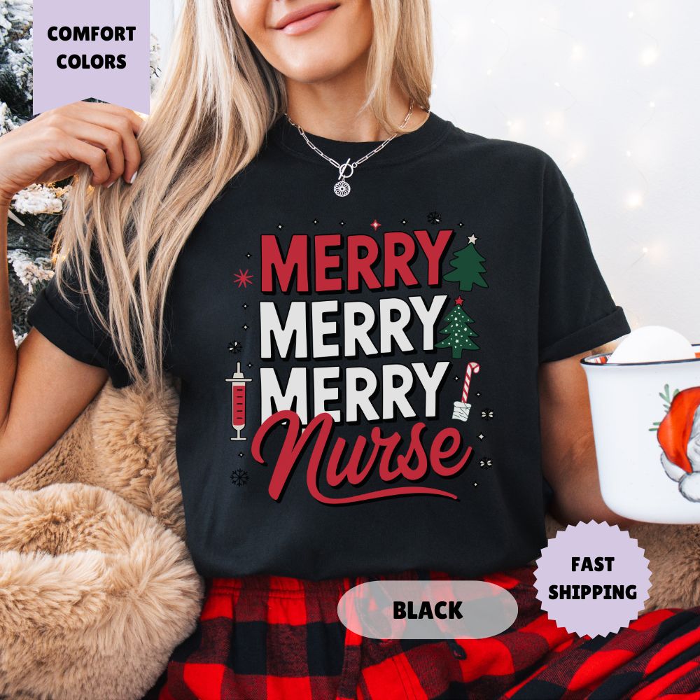 Merry Merry Nurse Christmas T-Shirt Women's Holiday Apparel Comfort Colors