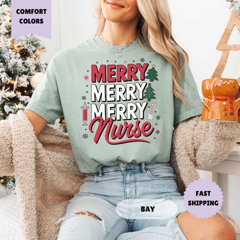 Merry Merry Nurse Christmas T-Shirt Women's Holiday Apparel Comfort Colors