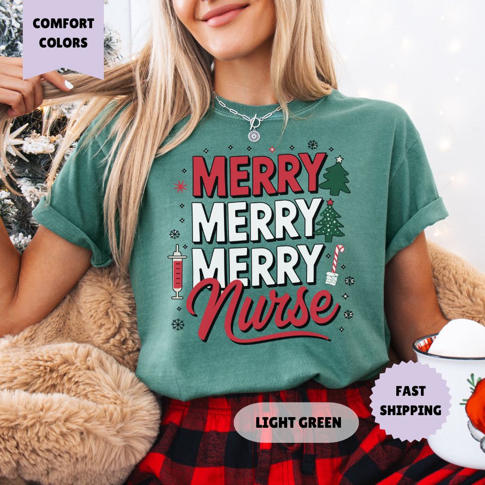 Merry Merry Nurse Christmas T-Shirt Women's Holiday Apparel Comfort Colors