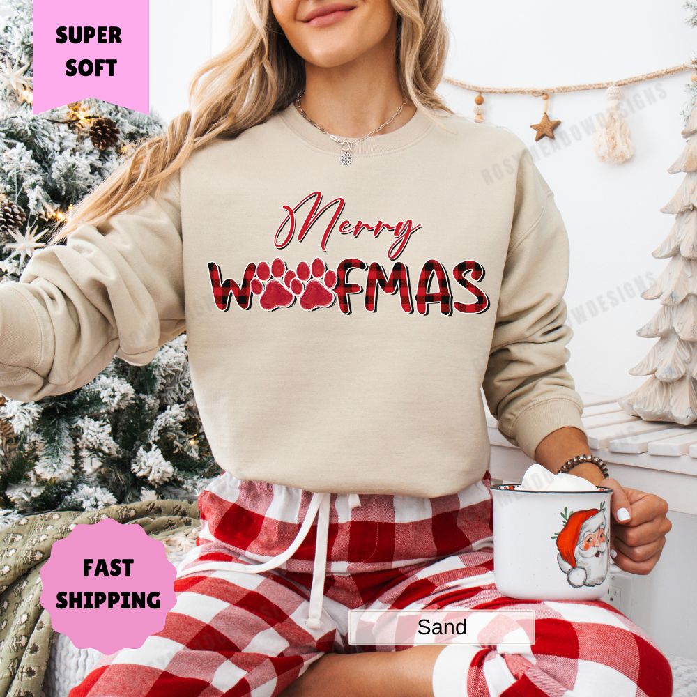 Merry Woofmas Women's Christmas Sweatshirt Pet Dog Cat Holiday Sweater