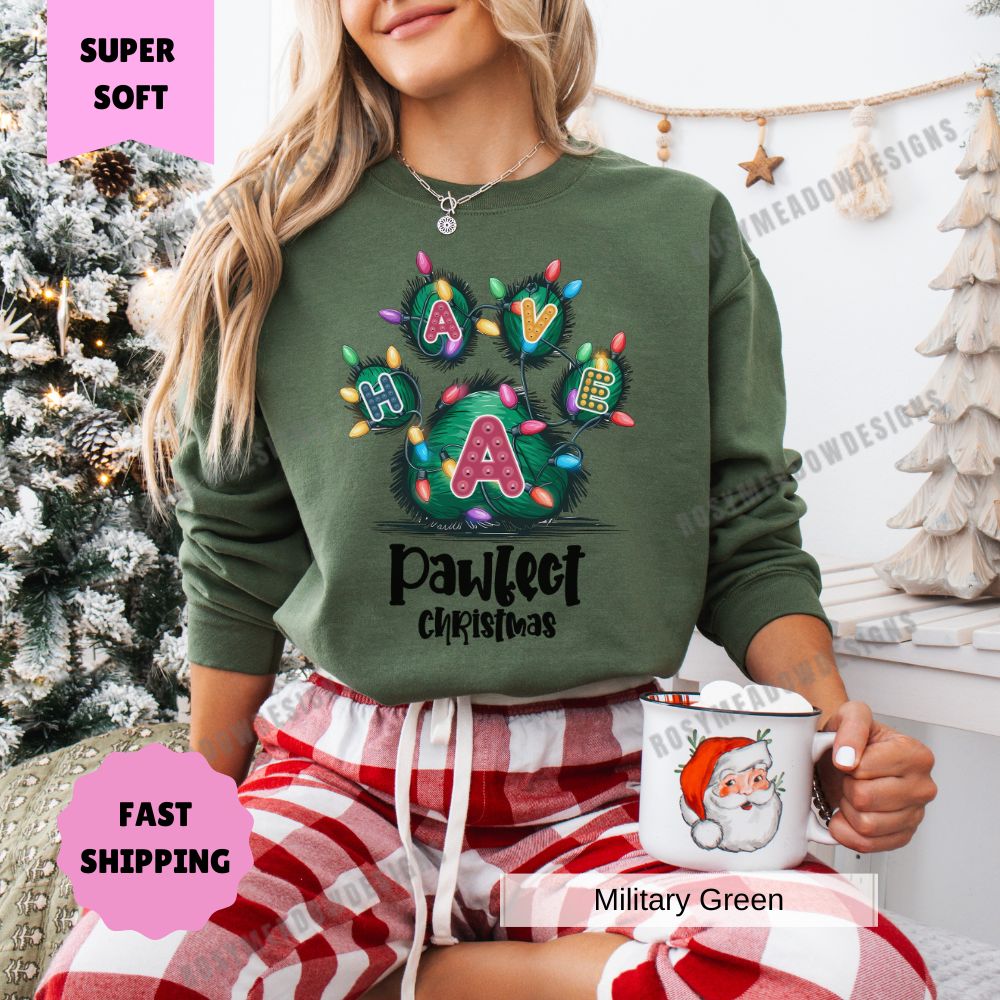 Paw Print Merry Christmas Sweatshirt Perfect Christmas Pet Lover Womens Crewneck