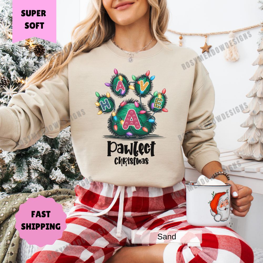 Paw Print Merry Christmas Sweatshirt Perfect Christmas Pet Lover Womens Crewneck