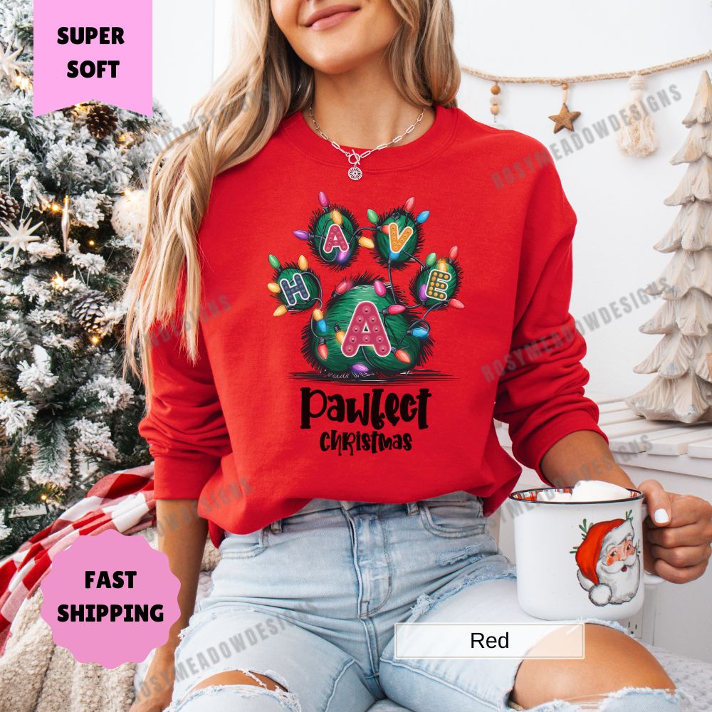 Paw Print Merry Christmas Sweatshirt Perfect Christmas Pet Lover Womens Crewneck