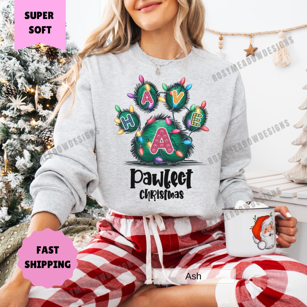 Paw Print Merry Christmas Sweatshirt Perfect Christmas Pet Lover Womens Crewneck