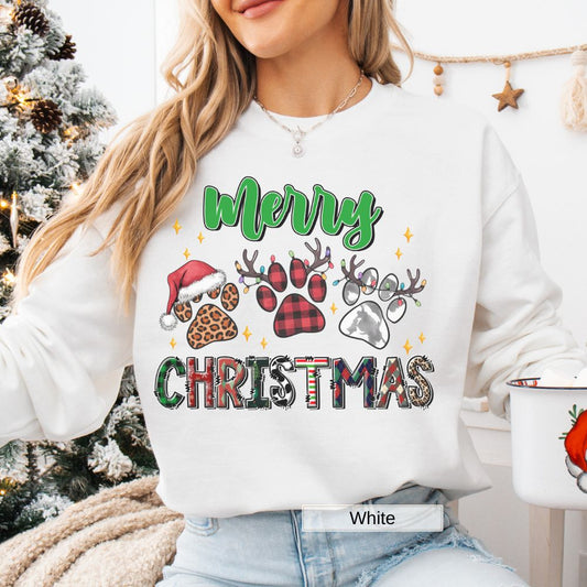 Merry Christmas Paw Prints Sweatshirt, Holiday Dog Lover Crewneck, Unisex Pullover Jumper, Pet Owner Winter Apparel, Animal Lover Gift