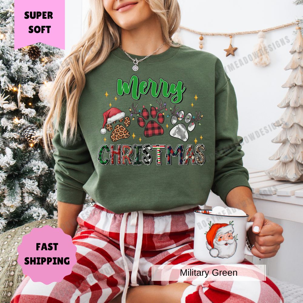 Merry Christmas Paw Prints Sweatshirt, Holiday Dog Lover Crewneck, Unisex Pullover Jumper, Pet Owner Winter Apparel, Animal Lover Gift