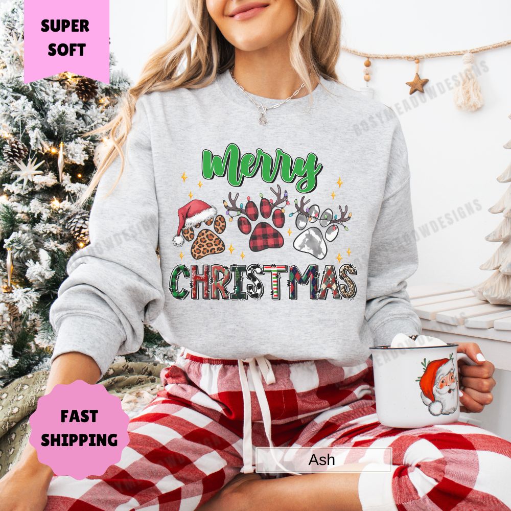 Merry Christmas Paw Prints Sweatshirt, Holiday Dog Lover Crewneck, Unisex Pullover Jumper, Pet Owner Winter Apparel, Animal Lover Gift