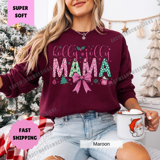 Holly Jolly Mama Women's Christmas Sweatshirt Comfortable and Festive Holiday Wear