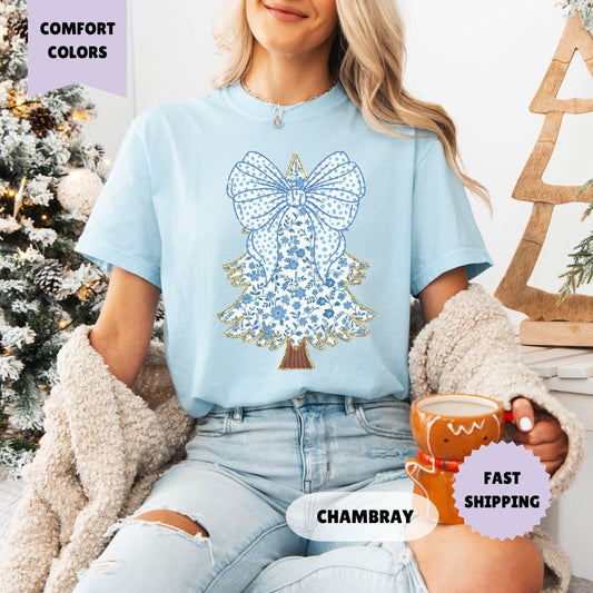 Blue Chinoiserie Christmas Tree Comfort Colors T Shirt Women's Shirt