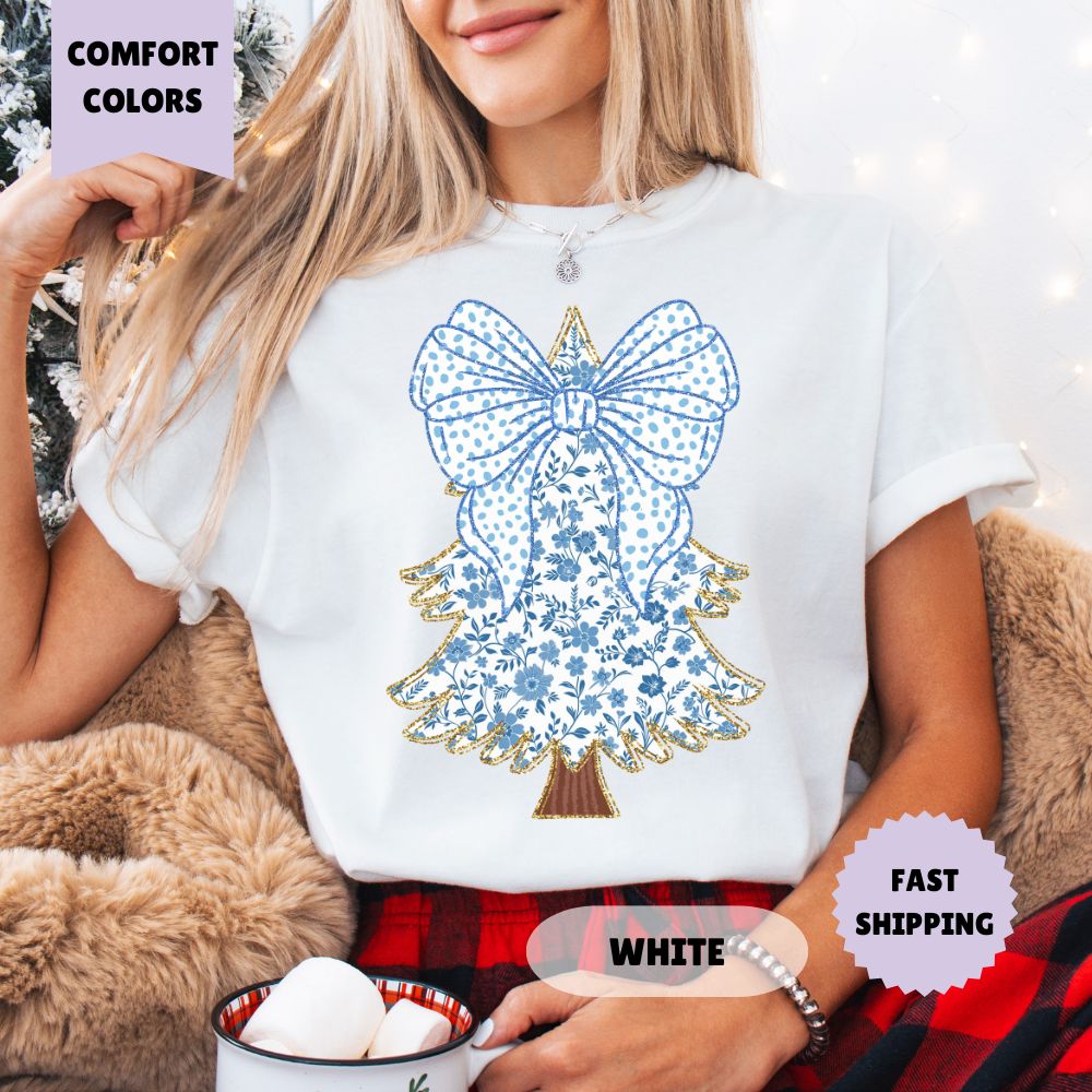 Blue Chinoiserie Christmas Tree Comfort Colors T Shirt Women's Shirt