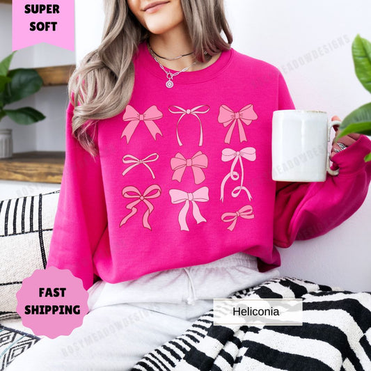 Coquette Pink Bow Sweatshirt for Women, Cute Bow Crewneck, Trendy Coquette Top, Girly Aesthetic Sweatshirt, Feminine Vintage Sweatshirt