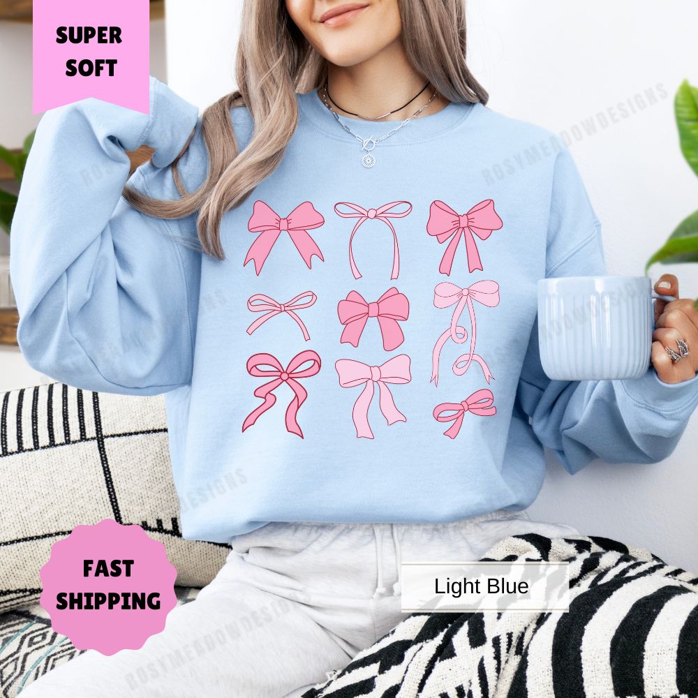 Coquette Pink Bow Sweatshirt for Women, Cute Bow Crewneck, Trendy Coquette Top, Girly Aesthetic Sweatshirt, Feminine Vintage Sweatshirt