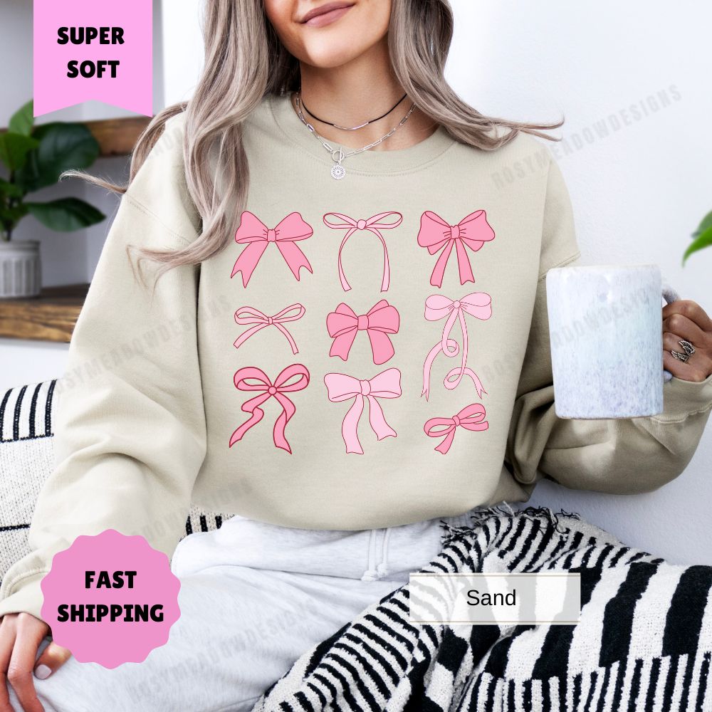 Coquette Pink Bow Sweatshirt for Women, Cute Bow Crewneck, Trendy Coquette Top, Girly Aesthetic Sweatshirt, Feminine Vintage Sweatshirt