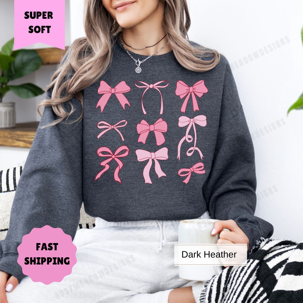 Coquette Pink Bow Sweatshirt for Women, Cute Bow Crewneck, Trendy Coquette Top, Girly Aesthetic Sweatshirt, Feminine Vintage Sweatshirt