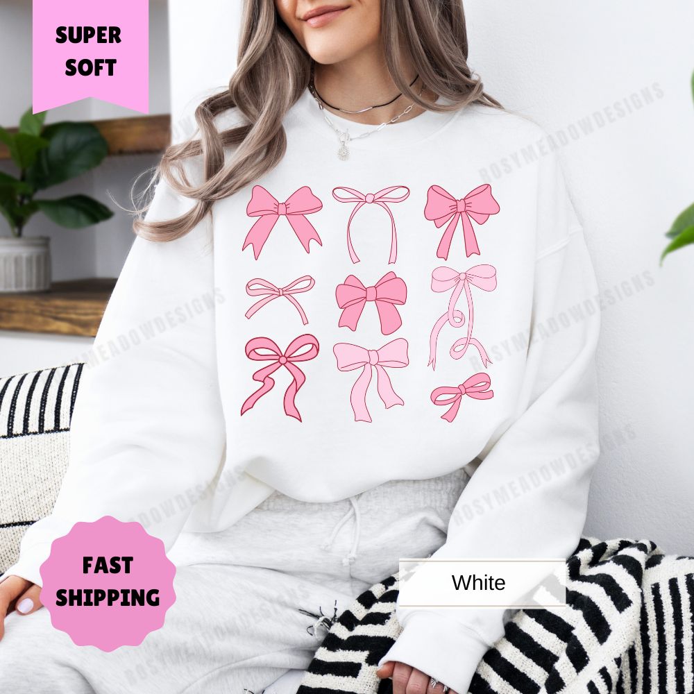 Coquette Pink Bow Sweatshirt for Women, Cute Bow Crewneck, Trendy Coquette Top, Girly Aesthetic Sweatshirt, Feminine Vintage Sweatshirt