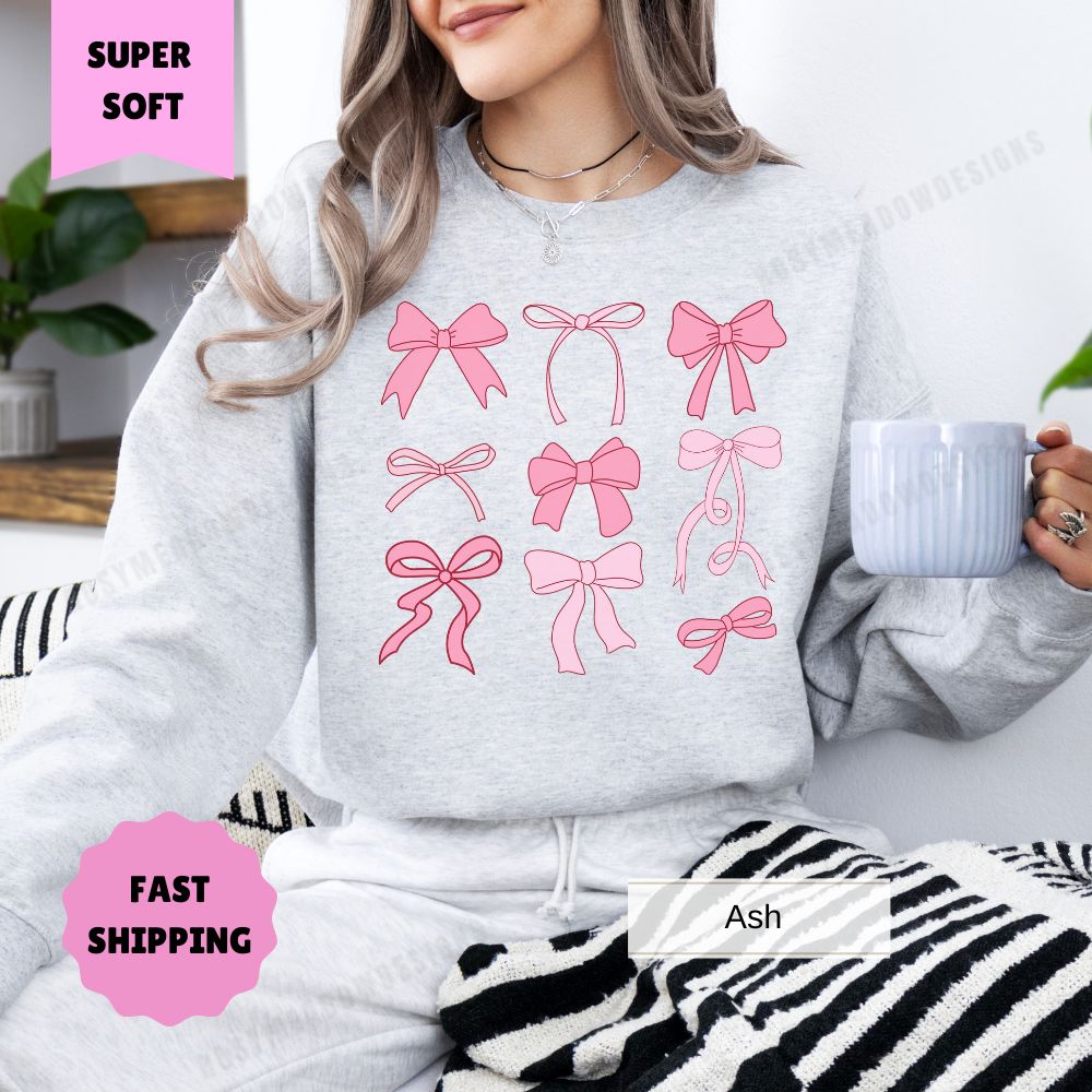 Coquette Pink Bow Sweatshirt for Women, Cute Bow Crewneck, Trendy Coquette Top, Girly Aesthetic Sweatshirt, Feminine Vintage Sweatshirt