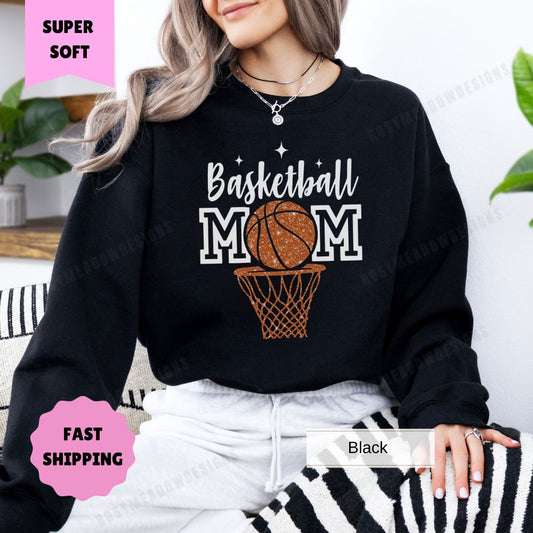 Basketball Mom Sweatshirt Basketball Hoop Faux Glitter Women's Pullover