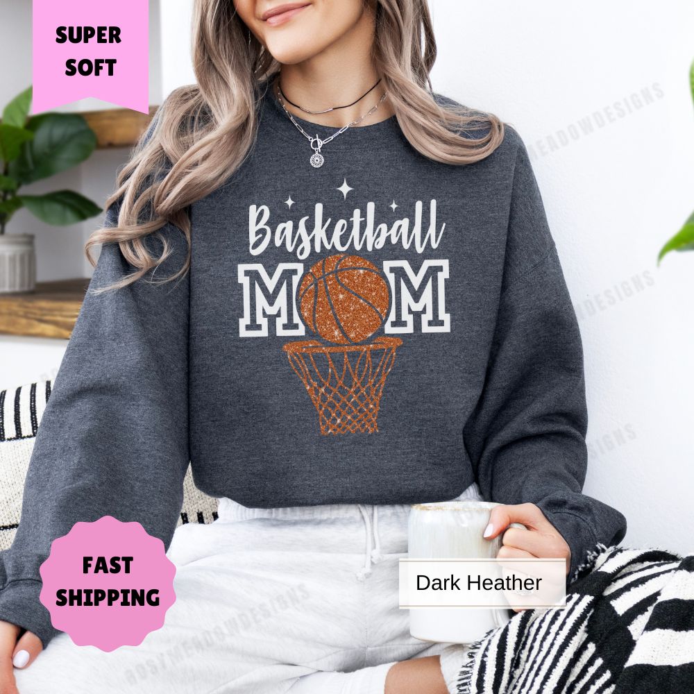 Basketball Mom Sweatshirt Basketball Hoop Faux Glitter Women's Pullover