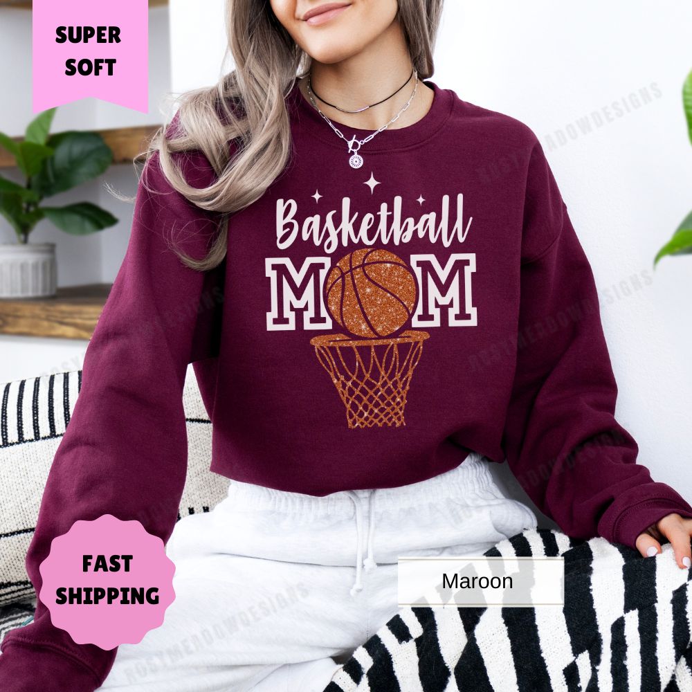 Basketball Mom Sweatshirt Basketball Hoop Faux Glitter Women's Pullover