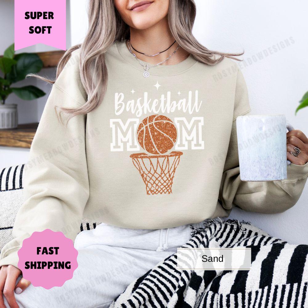 Basketball Mom Sweatshirt Basketball Hoop Faux Glitter Women's Pullover