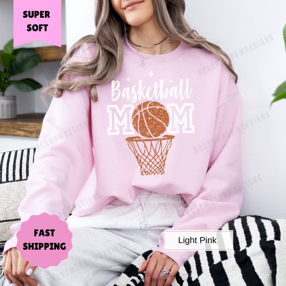 Basketball Mom Sweatshirt Basketball Hoop Faux Glitter Women's Pullover