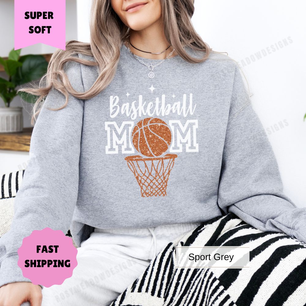 Basketball Mom Sweatshirt Basketball Hoop Faux Glitter Women's Pullover