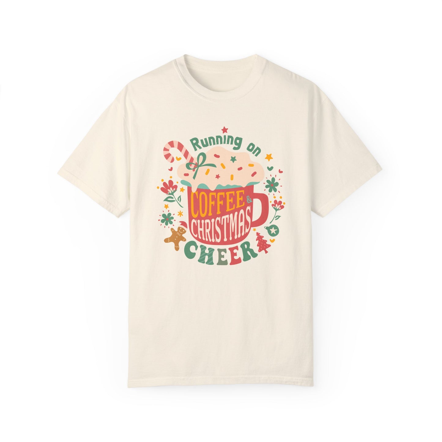 Comfort Colors Women's Christmas T-Shirt - Running on Coffee & Christmas Cheer - Boho Retro Holiday Style