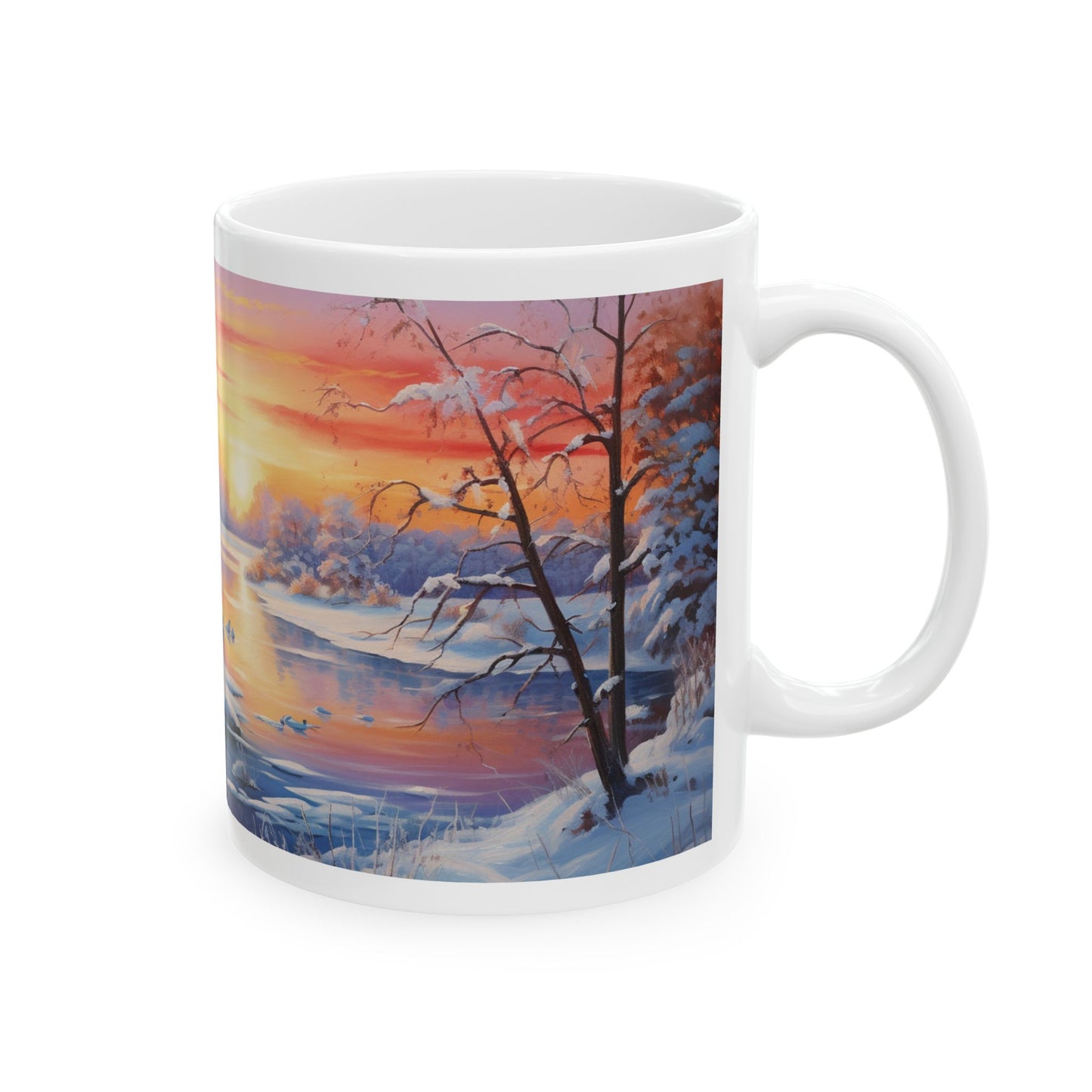 Magical Winter Watercolor Coffee Mug Serene Sunrise Scene Design