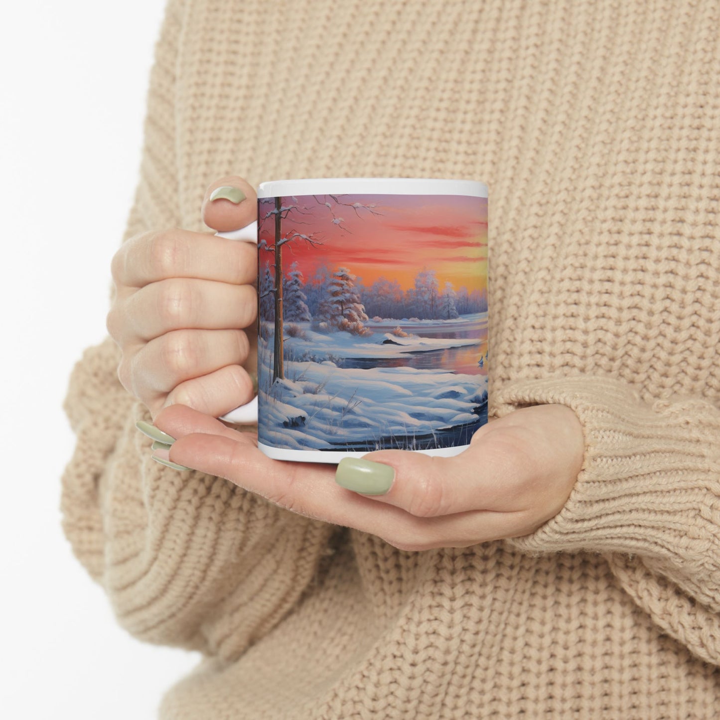 Magical Winter Watercolor Coffee Mug Serene Sunrise Scene Design