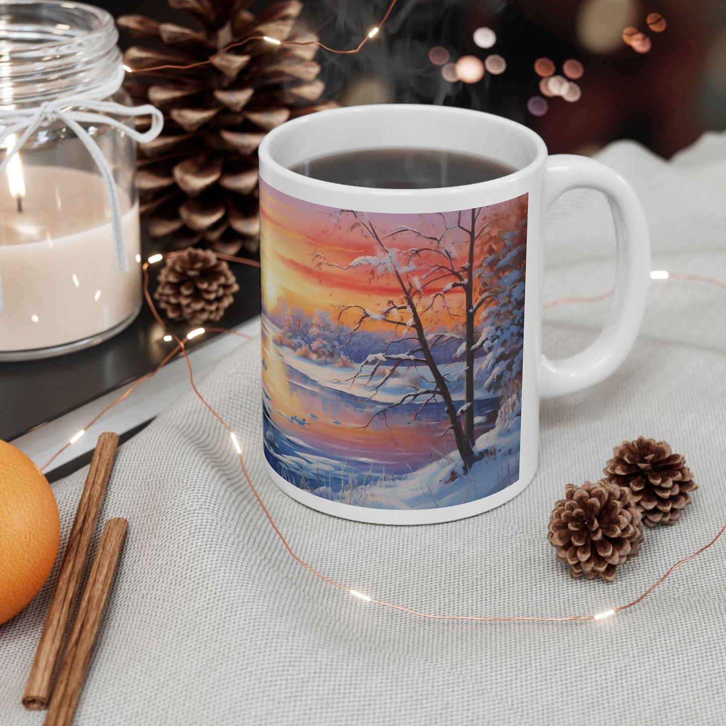 Magical Winter Watercolor Coffee Mug Serene Sunrise Scene Design