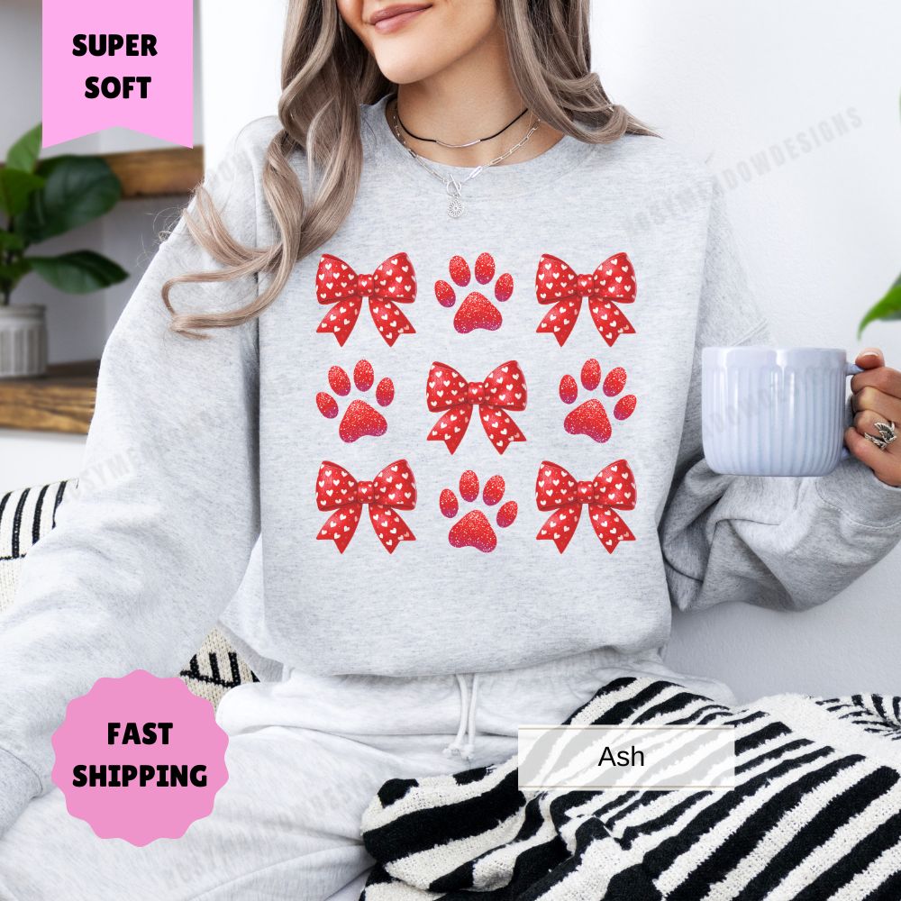 Paw Print Valentine's Day Sweatshirt, Bows and Hearts Women's Crewneck, Gift for Dog Lovers