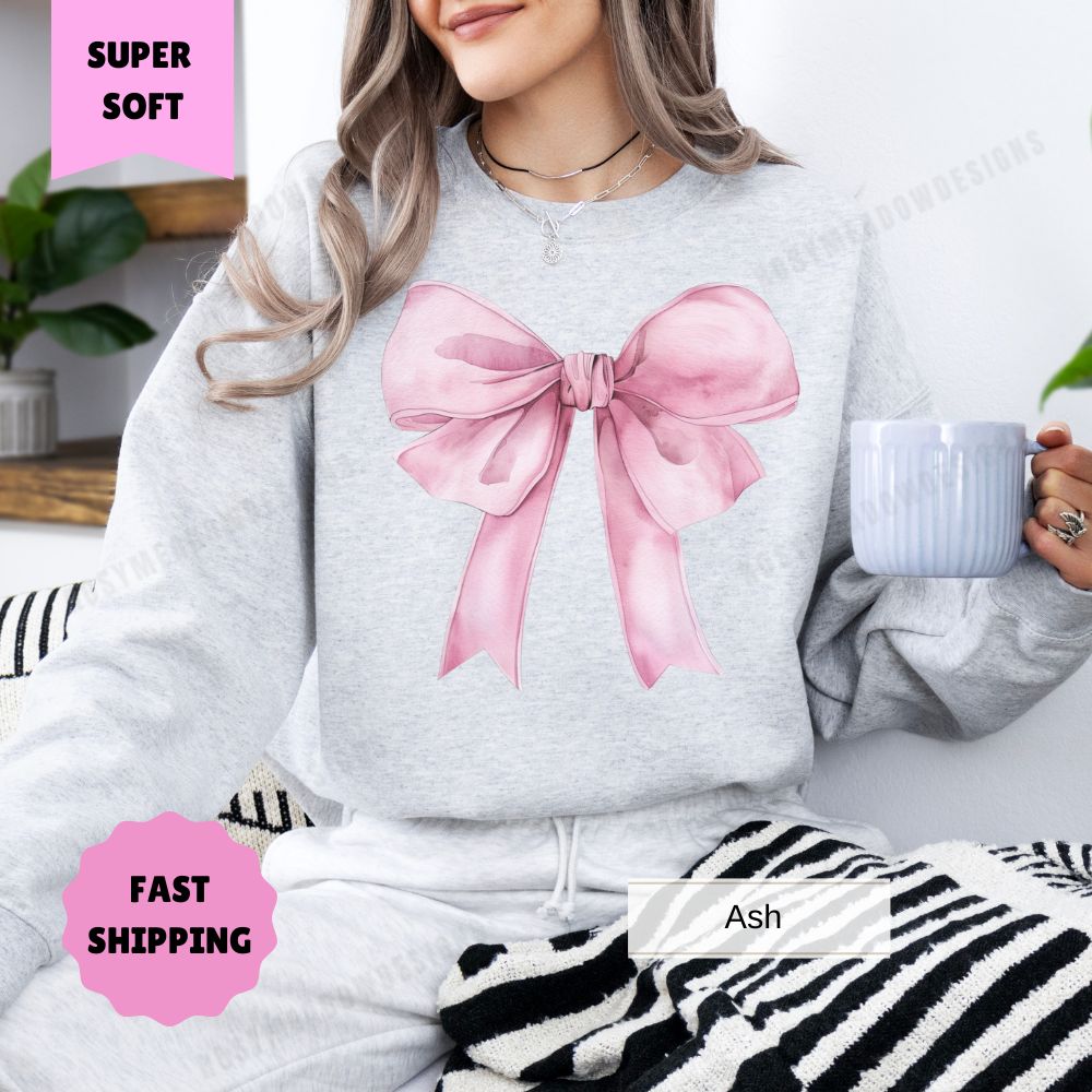 Big Pink Bow Sweatshirt Cute Holiday Crewneck Cozy Winter Pullover Womens Christmas Shirt Festive Bow Graphic Sweater Gift for Her